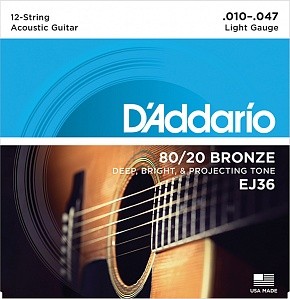Струны для акустической 12-струнной гитары бронза 12-srt Light 10-47 D`Addario EJ36 BRONZE 80/20