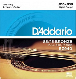 Струны  D`Addario EZ940 AMERICAN BRONZE 85/15 Light 10-47 для 12-струнной акустической гитары в музыкальном интернет-магазине Маэстро. Цена 1 200 руб.