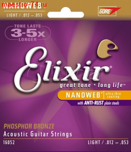 16052 NANOWEB Комплект струн для акустической гитары, Light, фосфорная бронза, 12-53, Elixir