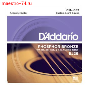 Струны D`Addario EJ26 Phosphor Bronze, Custom Light, 11-52